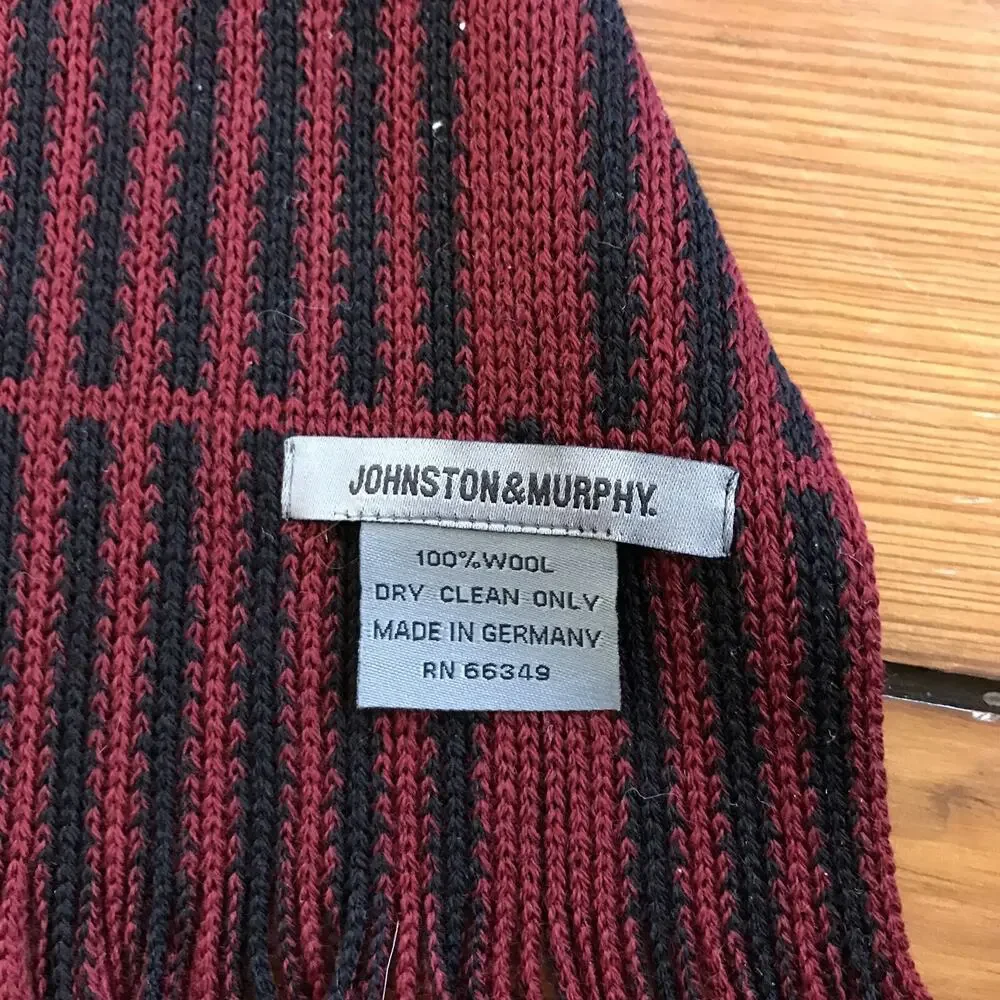 Johnston Murphy German Maroon Black Striped Fringe 100% Wool Knit Winter Scarf